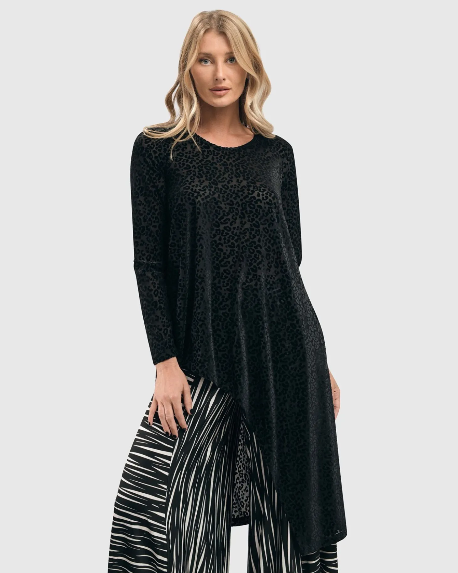 Women Alembika Leo Flocked Velvet Hi-Lo Tunic Top, Black