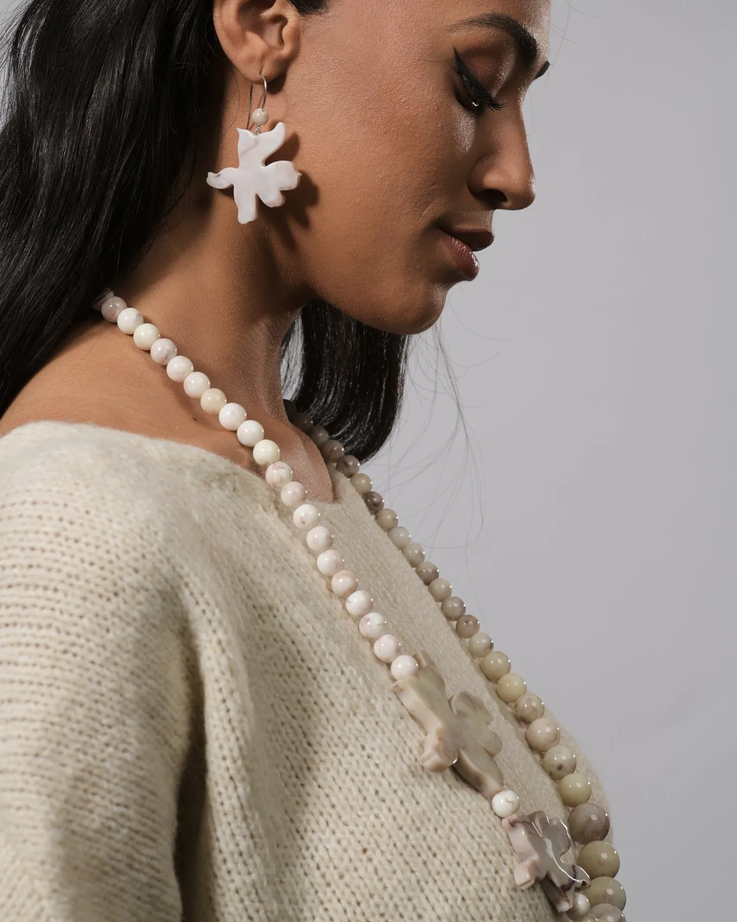 Women Alembika Lotus Hook & Bead Earrings, Oat