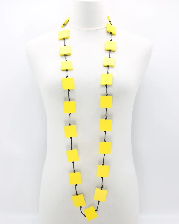 Women Alembika Recycled Wood Square Beads Necklace, Yellow