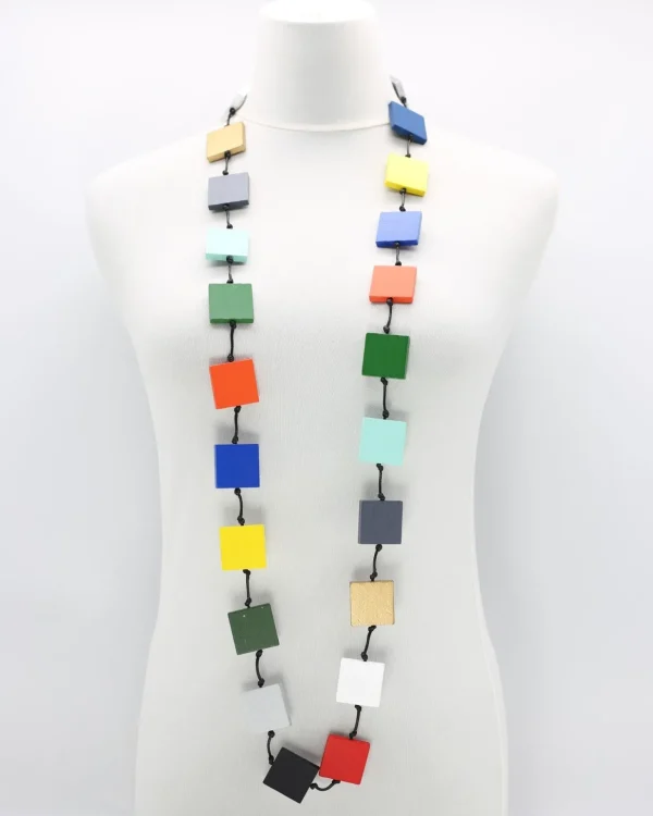 Women Alembika Recycled Wood Square Beads Necklace, Multicolor
